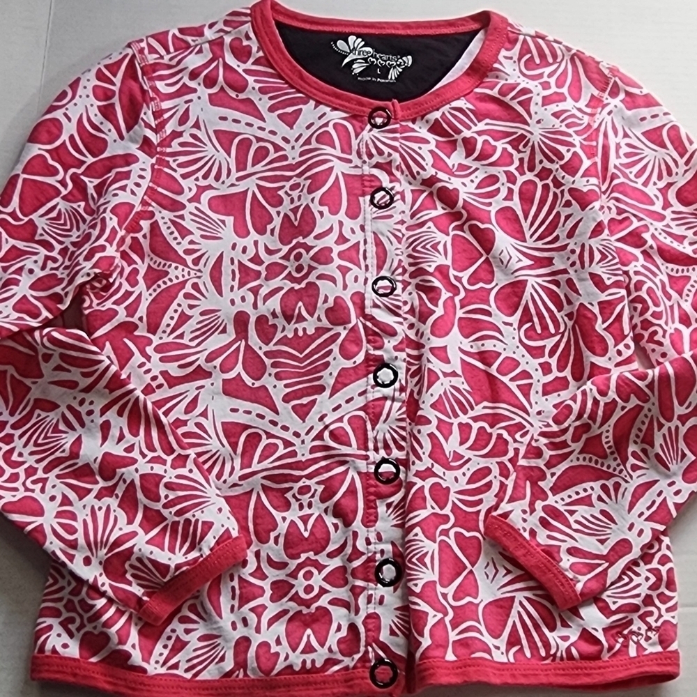 Three Hearts Cardigan L Pink/wht floral Artsy snap up Cottage Romantic Love